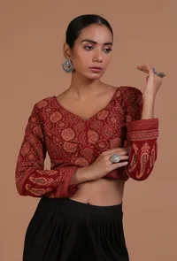 Maroon Cotton Ajrakh Printed Full Sleeve Blouse image 4