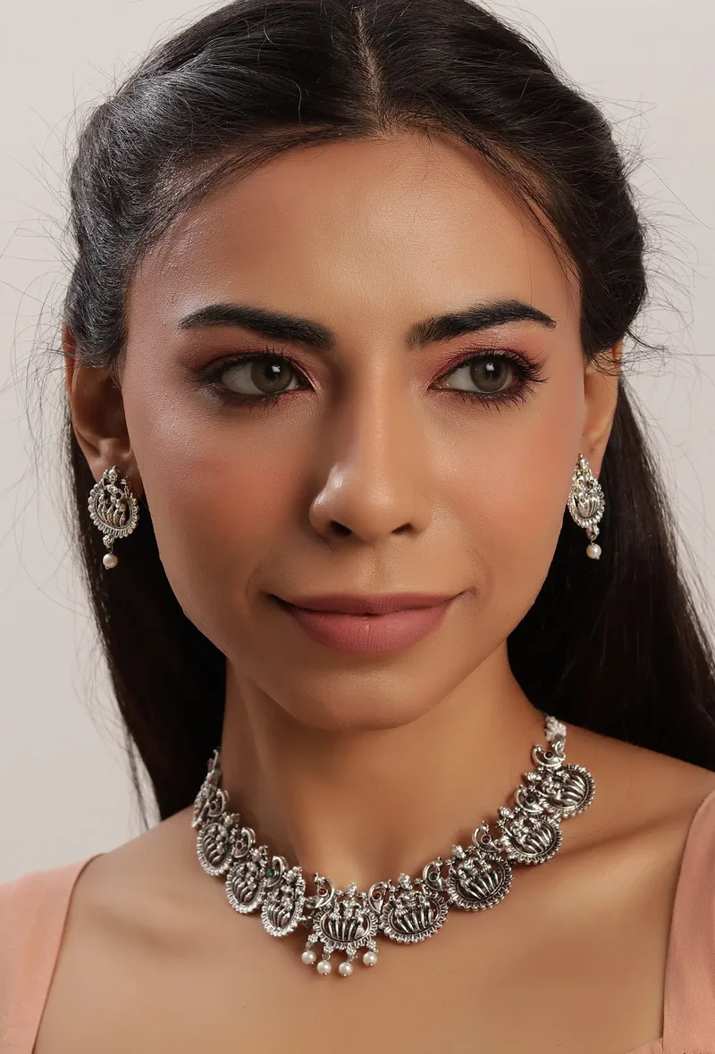 Silver Oxidized Laxmi Devi Necklace Set With Stud Earrings