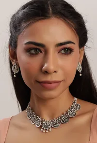Silver Oxidized Laxmi Devi Necklace Set With Stud Earrings image 1