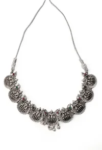 Silver Oxidized Laxmi Devi Necklace Set With Stud Earrings image 4