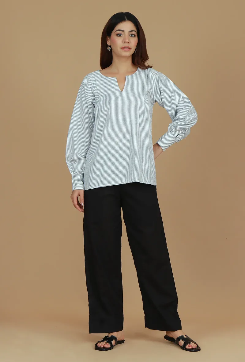 Set of 2 Black Striped Cotton Top with Solid Black Pants