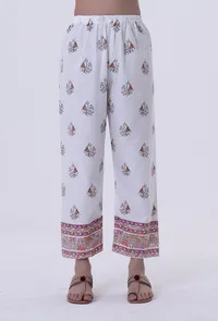 Set Of 3: Multicolor Motif White Cotton Kurta With Pant & Dupatta Set image 4