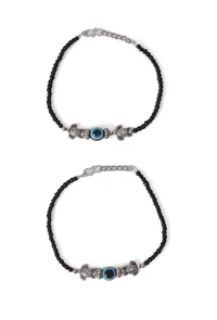 Pair of German Silver Anklets with Tortoise Charm, Evil Eye, and Black Beads image 1