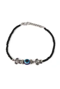 Pair of German Silver Anklets with Tortoise Charm, Evil Eye, and Black Beads image 2