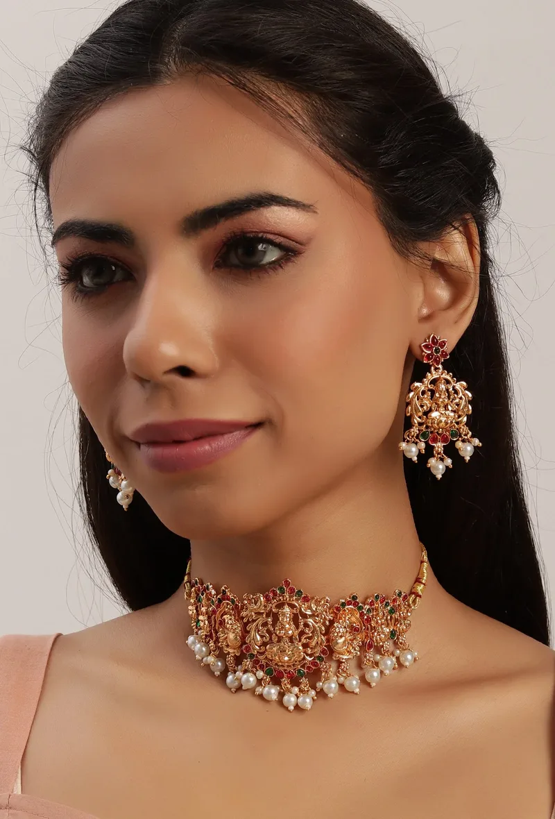Traditional Laxmi Devi Neck Center Choker Set With Antique Finish