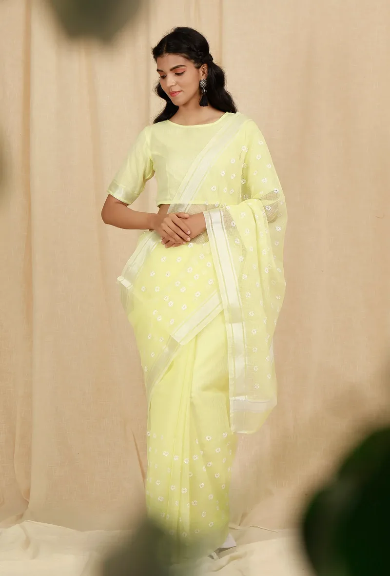 Set Of 2: Lemon Tart Yellow Kota Doria Cotton Saree With 
Stitched Blouse