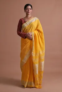 Yellow Color Cotton Linen Saree With Unstitched Blouse image 3