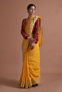 Yellow Color Cotton Linen Saree With Unstitched Blouse image 4