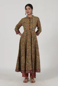 Set Of 3: Ajrakh Printed Yellow Cotton Anarkali, Red Pant & Dupatta Set image 3