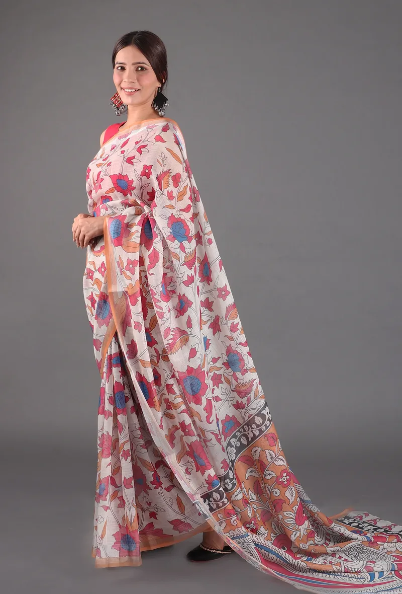 Set of 2: White and Pink Kalamkari Print Cotton Saree with Blouse