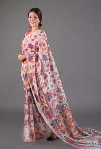 Set of 2: White and Pink Kalamkari Print Cotton Saree with Blouse image 1