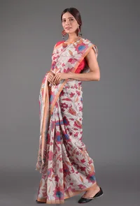 Set of 2: White and Pink Kalamkari Print Cotton Saree with Blouse image 2