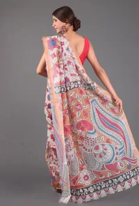 Set of 2: White and Pink Kalamkari Print Cotton Saree with Blouse image 3