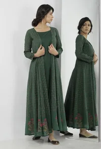Irvin Bottle Green Floral Motif Hand Block Printed Kota Full Sleeves Cape image 1