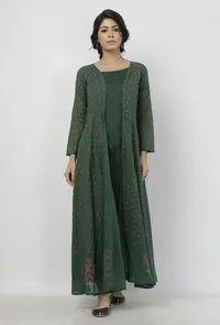 Irvin Bottle Green Floral Motif Hand Block Printed Kota Full Sleeves Cape image 2