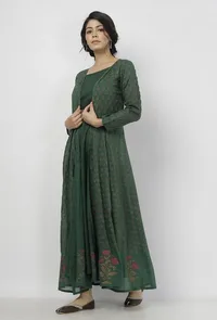 Irvin Bottle Green Floral Motif Hand Block Printed Kota Full Sleeves Cape image 3