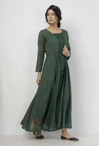 Irvin Bottle Green Floral Motif Hand Block Printed Kota Full Sleeves Cape image 4