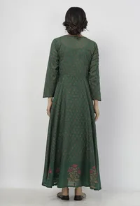 Irvin Bottle Green Floral Motif Hand Block Printed Kota Full Sleeves Cape image 5