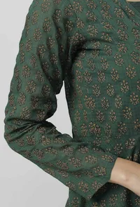 Irvin Bottle Green Floral Motif Hand Block Printed Kota Full Sleeves Cape image 6