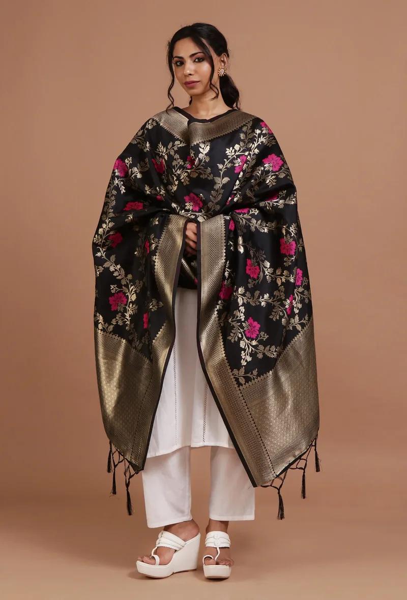 Black Color Semi Silk Dupatta With Zari Weaving