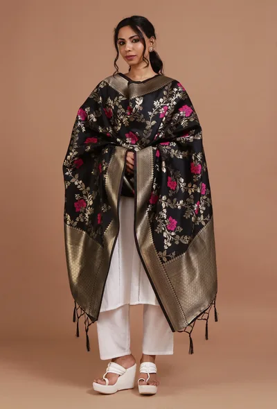 Black Color Semi Silk Dupatta With Zari Weaving