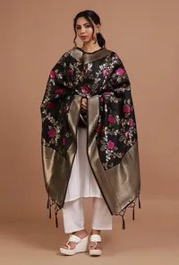 Black Color Semi Silk Dupatta With Zari Weaving image 1