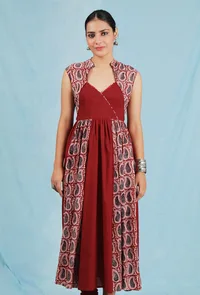 Madder Red hand block Baagh cotton printed gathered long kalidar kurta image 1