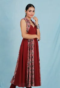 Madder Red hand block Baagh cotton printed gathered long kalidar kurta image 2