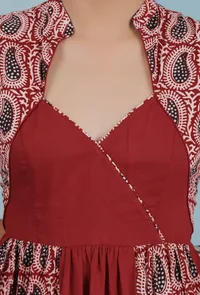 Madder Red hand block Baagh cotton printed gathered long kalidar kurta image 5