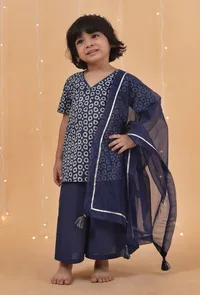 Set Of 3: Indigo Printed Straight Cotton Kurta, Palazzo & Organza Dupatta image 1