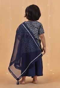 Set Of 3: Indigo Printed Straight Cotton Kurta, Palazzo & Organza Dupatta image 4