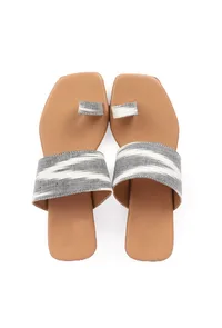 Grey, White & Tawny Brown Ikat One Toe Cruelty Free Leather Flats image 2