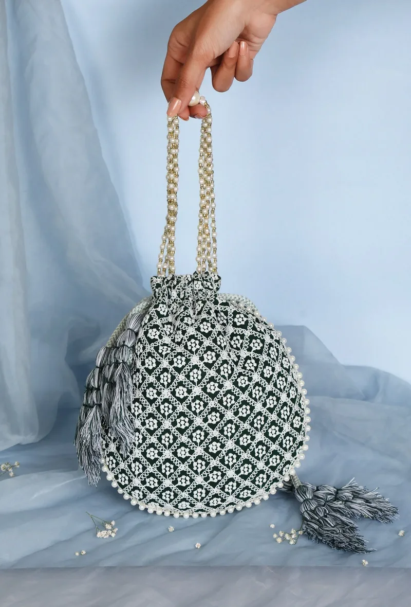 Emerald Elegance Chikankari Georgette Potli