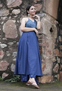 Indigo Printed Angrakha Style Flared Kurta image 2