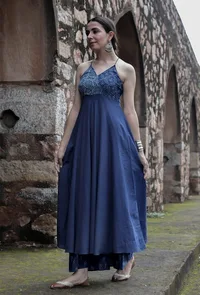 Indigo Printed Angrakha Style Flared Kurta image 3