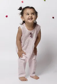 Set of 2 : Bella Pink Floret Handblock Printed Gathered Cut sleeves Kurta and Plain Cotton Elastic Pants image 1