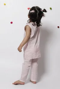 Set of 2 : Bella Pink Floret Handblock Printed Gathered Cut sleeves Kurta and Plain Cotton Elastic Pants image 4