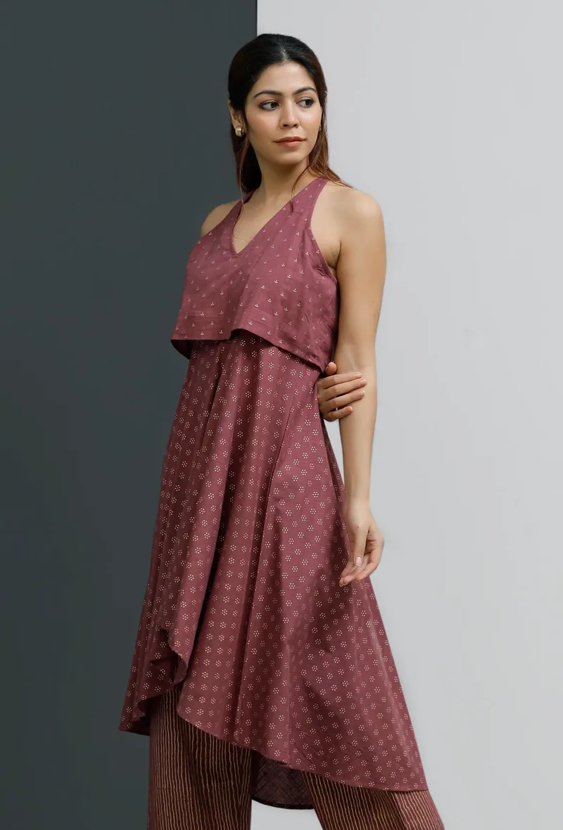 Plum Hand-Block Printed Sleeveless Kurta