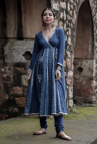 Set Of 2:Aahna Indigo Multi Buta Print Angrakha Kurta & Churidar image 1