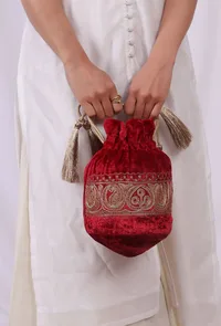 Cherry Red Velvet Tila Embroidery Potli image 1