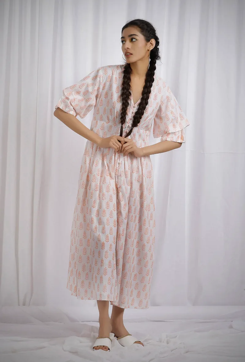 Orange Cotton Block Printed Flared Dress