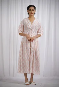 Orange Cotton Block Printed Flared Dress image 2