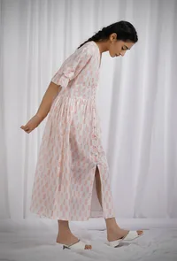 Orange Cotton Block Printed Flared Dress image 3