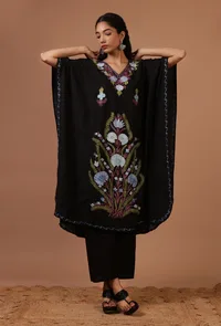 Black Cotton Crush Ari Embroidered Kaftan- Free Size image 2