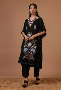 Black Cotton Crush Ari Embroidered Kaftan- Free Size image 3