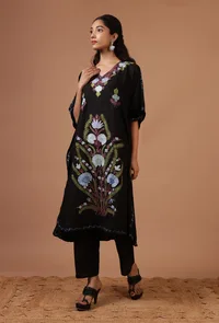 Black Cotton Crush Ari Embroidered Kaftan- Free Size image 4