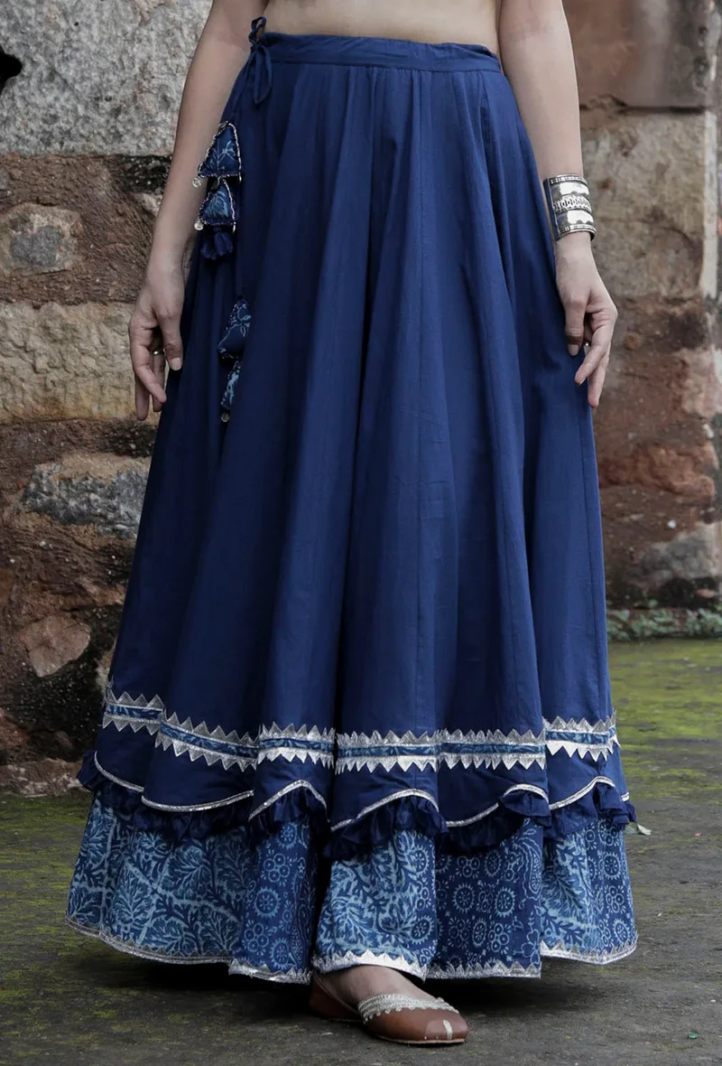 Riya Indigo Blue Organza & Print Patched Gota Work Kalidar Skirt