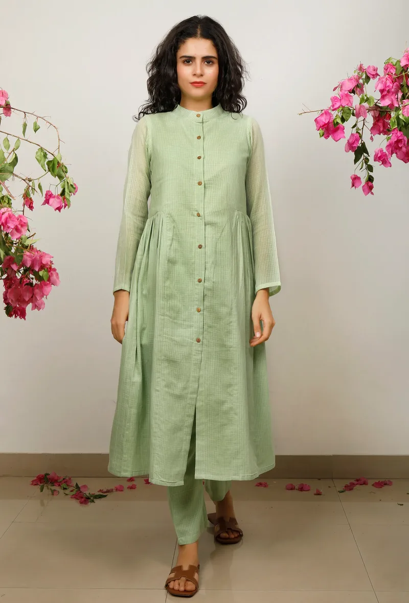 Set of 2: Mint Green Cotton Kota Gather Kurta with Mint Green straight Pants
