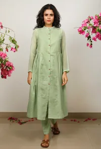 Set of 2: Mint Green Cotton Kota Gather Kurta with Mint Green straight Pants image 1