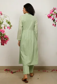Set of 2: Mint Green Cotton Kota Gather Kurta with Mint Green straight Pants image 5